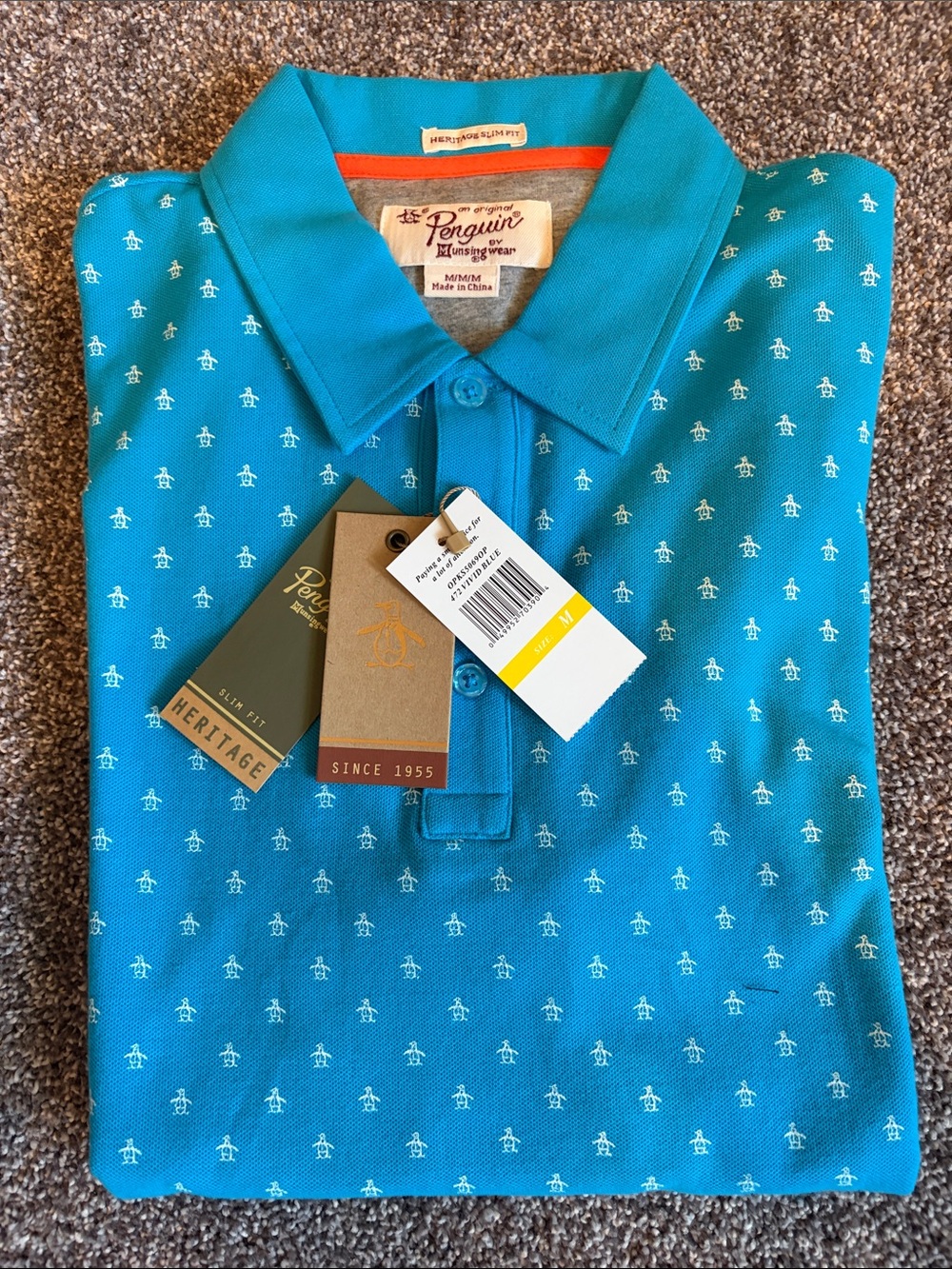 NWT! Original Penguin Men’s Teal Micro-Penguin Print Polo